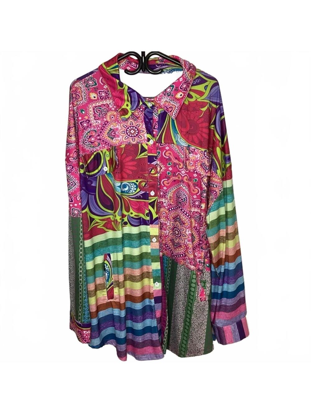 Lily by Firmiano Vibrant Multi-Print Button Shirt/ Overshirt  Sz 3 XL Artsy/Chic